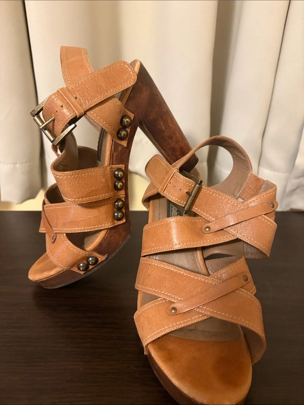 bon.bonite Vintage Women's Tan Crisscross Leather Wedge Sandals 6